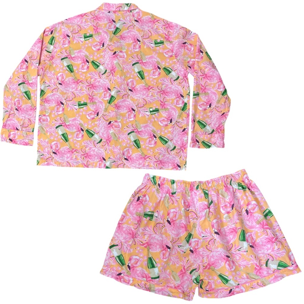 8 Oak Lane Flamingo Bubbly Long Sleeve Cotton Shorts Set Button-up Top Size L/XL - Picture 6 of 12